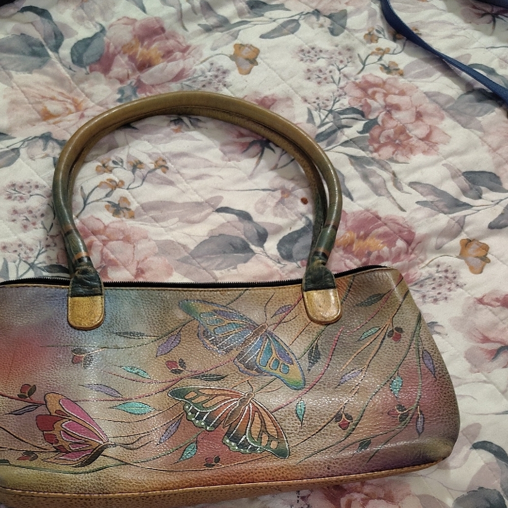 Anuschka Brown and Tan Shoulder Bag with Artistic Butterfly Design